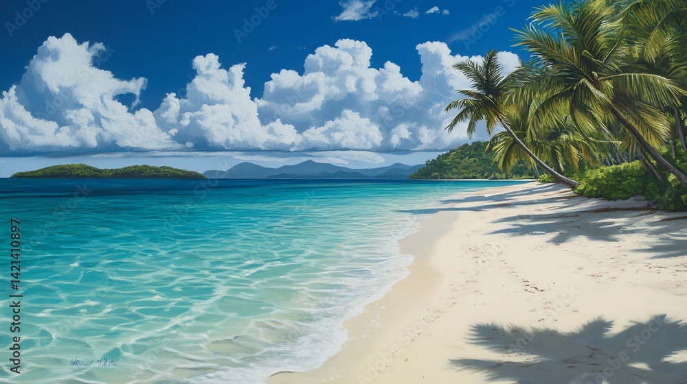 Idyllic tropical beach scene turquoise water white sand palm trees summer vacation paradise Idyllic tropical beach scene turquoise water white sand palm trees summer vacation paradise