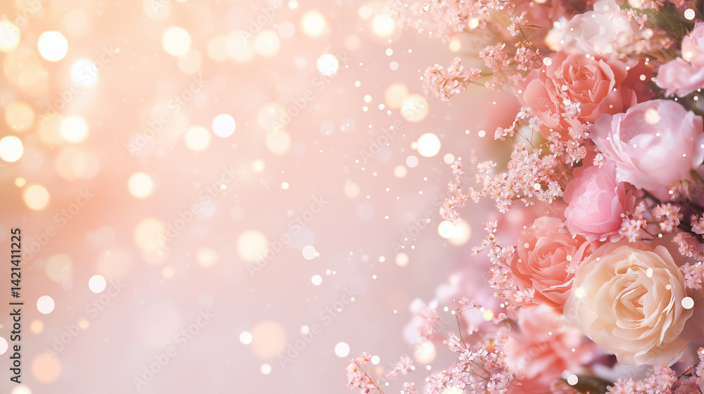 Fototapeta premium Blossom Bloom: A delicate arrangement of roses and blossoms, their petals tenderly lit against a bokeh of sparkling lights.