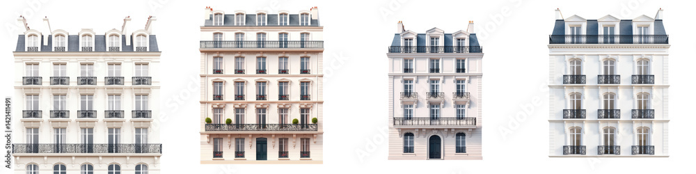 Intricate Parisian Haussmann-style facade with ornate balconies Intricate Parisian Haussmann-style facade with ornate balconies