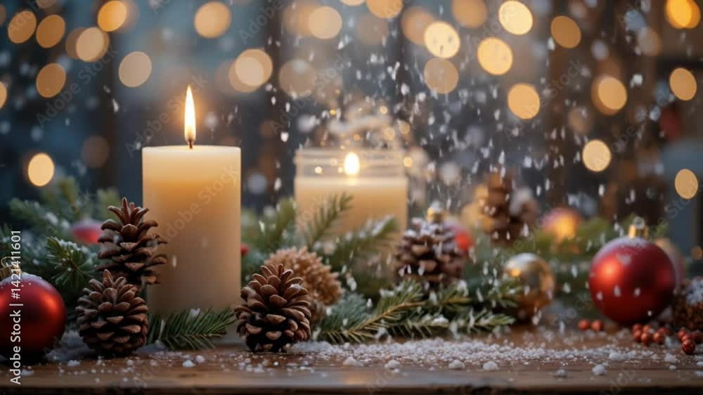 Christmas candles with pine cones and bokeh lights Christmas candles with pine cones and bokeh lights