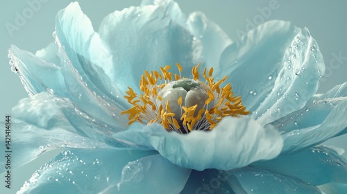 Fototapeta Naklejka Na Ścianę i Meble -  A close-up of a light blue peony flower with water droplets on its petals