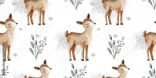 Cute deer pattern with wintery snowflakes and foliage.