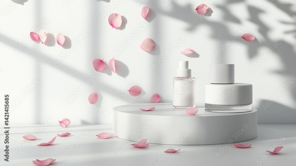 Elegant Cosmetics Display White Bottles and Pink Petals on a Minimalist Podium Elegant Cosmetics Display White Bottles and Pink Petals on a Minimalist Podium