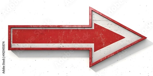 Red arrow sign: A rusty red arrow sign points to the right against a white background, signifying direction, guidance, or progress.