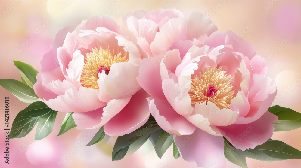 Fototapeta premium Two Pink Peony Flowers with Green Leaves