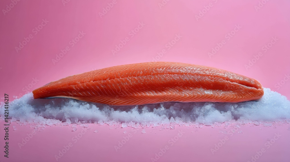 A filleted salmon with visible texture resting on crushed ice on a smooth pastel pink backdrop A filleted salmon with visible texture resting on crushed ice on a smooth pastel pink backdrop