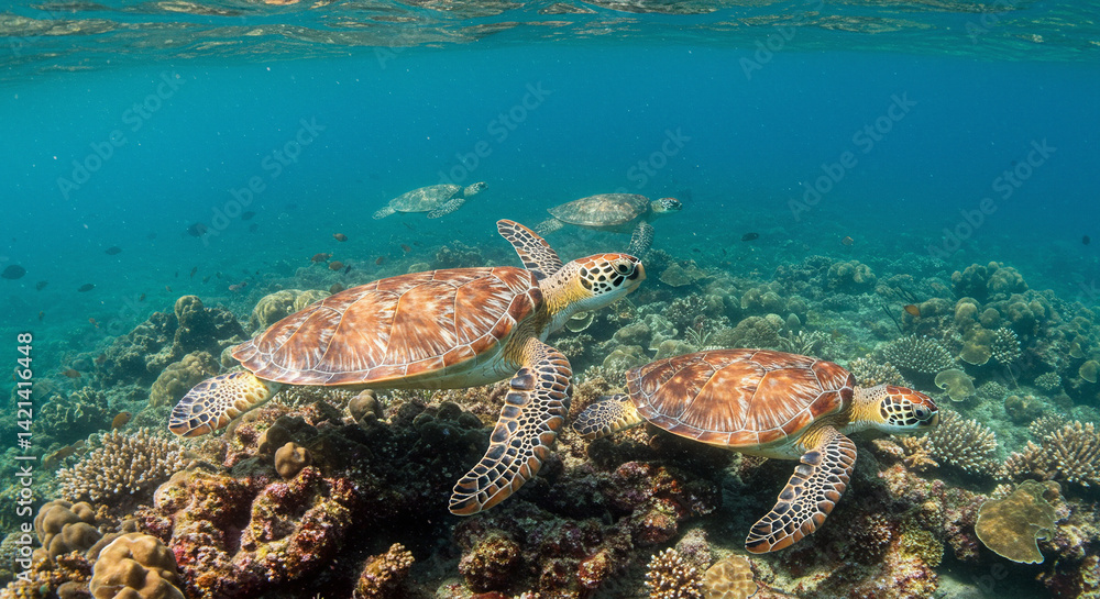 Fototapeta premium Swimming Sea Turtles Underwater in Coral Reef Habitat