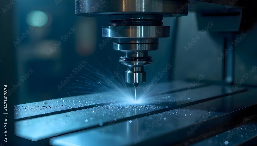 Dynamic Laser Machining Scene: Intense Blue Beam Carving Through Metal, Scattering Bright Sparks and Tiny Particles, Illustrating Modern Precision Manufacturing Dynamic Laser Machining Scene: Intense Blue Beam Carving Through Metal, Scattering Bright Sparks and Tiny Particles, Illustrating Modern Precision Manufacturing