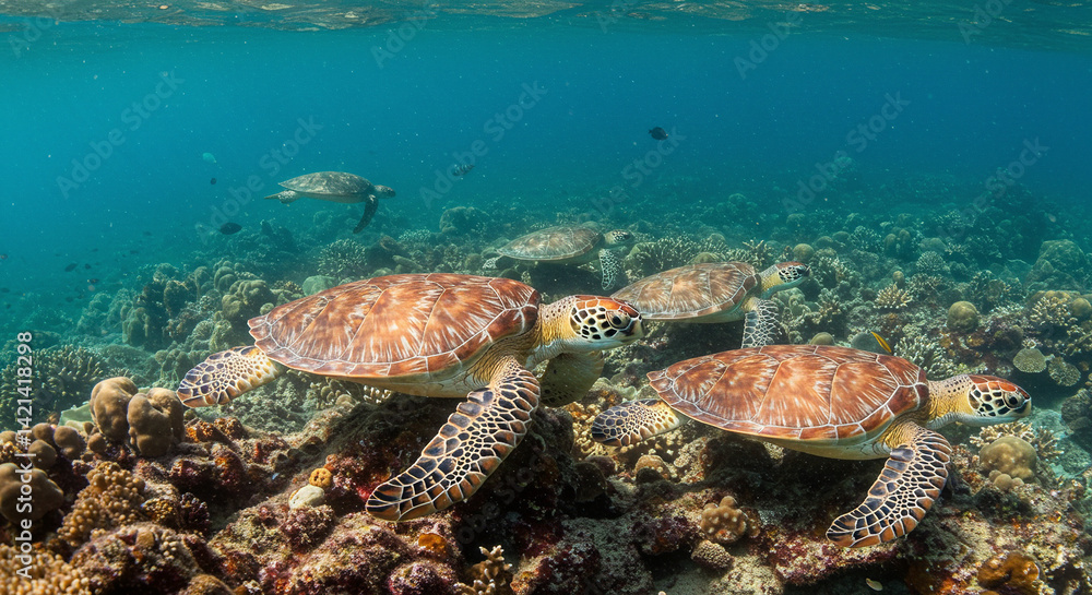 Fototapeta premium Sea Turtles Group Swimming Underwater over Coral Reef