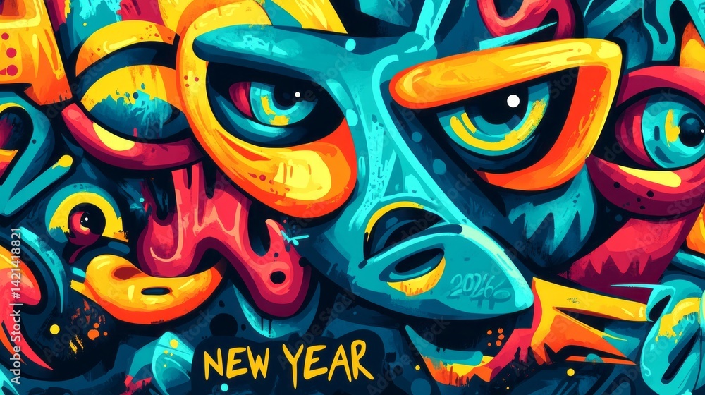 Obraz premium Colorful graffiti art features abstract shapes and prominent eyes
