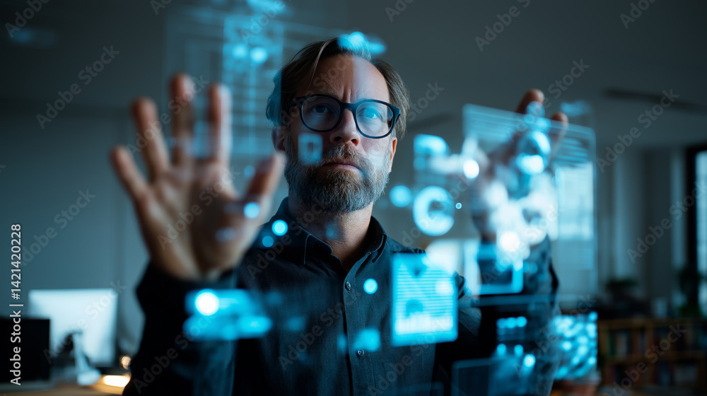 Businessman in a modern office using hand gestures to control floating data dashboards, AR elements glowing softly Businessman in a modern office using hand gestures to control floating data dashboards, AR elements glowing softly