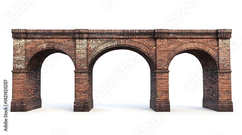 A brick aqueduct with three arches on a white background view