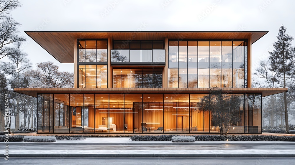 Obraz premium Contemporary wood home with nature-inspired landscaping high resolution images