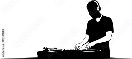 Silhouette of DJ mixing music on turntables. Clipart image isolated on background.
