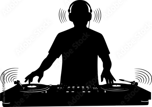Silhouette of DJ mixing music on turntables. Clipart image isolated on background.
