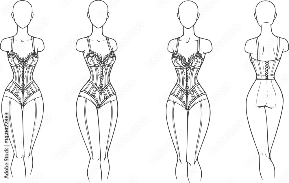 Fashion figure ten heads design template croquis wearing bodice
