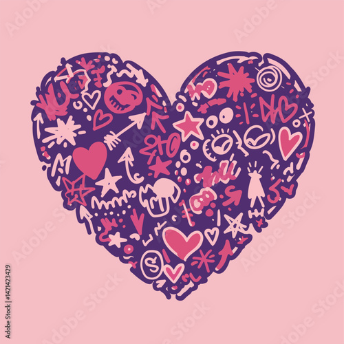 graffiti heart with doodle scribbles and stars in purple on pastel pink background