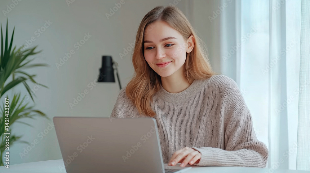 Fototapeta premium Relaxed Smiling Slavic Woman Working on Laptop at White Desk, 8K Photo