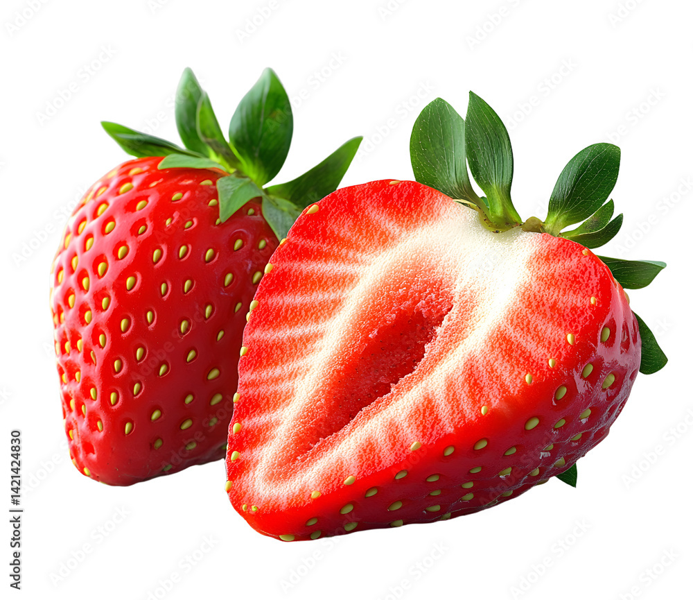 Strawberry on transparent background. PNG format. Strawberry with a half isolated png. Two sliced strawberries with no background. Full depth of field.