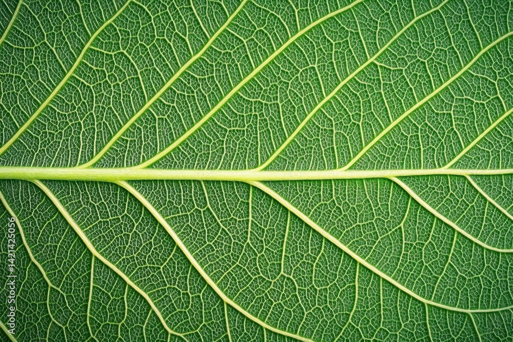 Close-up view of a vibrant green leaf's intricate vein structure Close-up view of a vibrant green leaf's intricate vein structure