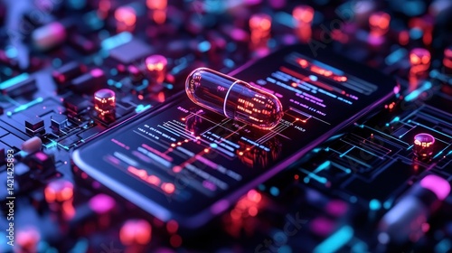 Digital medicine concept.  A pill sits atop a smartphone screen overlaid with glowing circuit boards