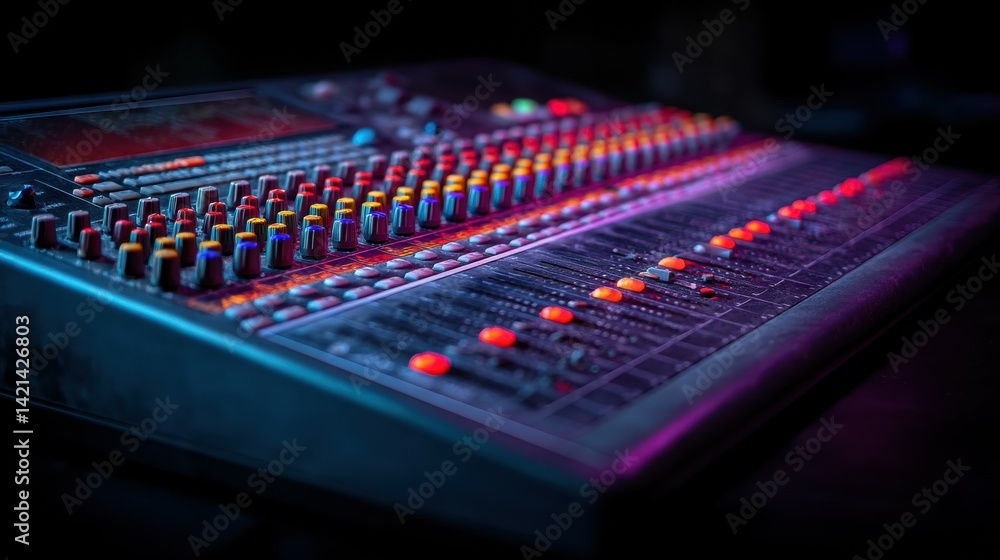 A DJ mixing board with colorful knobs and sliders glowing under purple-blue lighting, positioned ON a dark tabletop A DJ mixing board with colorful knobs and sliders glowing under purple-blue lighting, positioned ON a dark tabletop