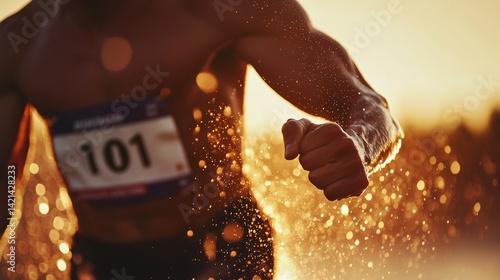 Close-up of muscular runner sprinting with intensity, water splashing, in golden sunset light