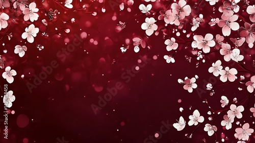 Delicate pink cherry blossoms gracefully frame a deep crimson background, creating a serene and elegant floral scene.
