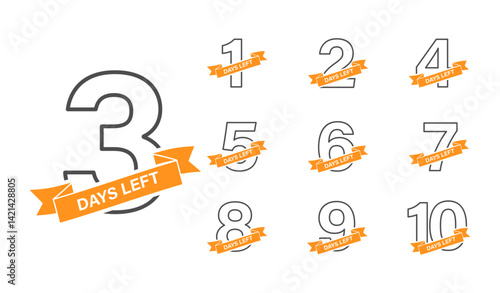 Days Left.  A set of countdown icons. A banner with the number of days before the start of the sale. Label for website, advertising, marketing