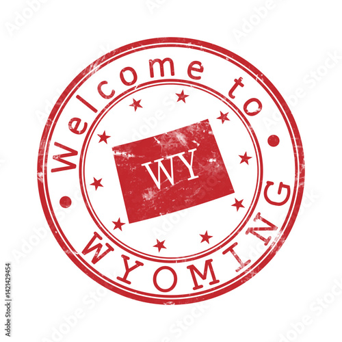 Welcome to Wyoming. A worn stamp with a silhouette of the state and an abbreviated designation. Print impression, a template for creative design