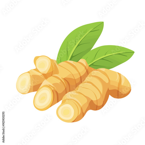 A very Simple flat 2D icon, A ginger root and leaf isolated on a transparent background, flat design, animation design, vector, flat design, animation design, simple flat 2D icon, minimalist design