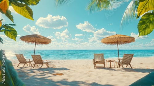 Tropical beach with vintage seating under shade and cinematic sunset mood created with Generative AI technology