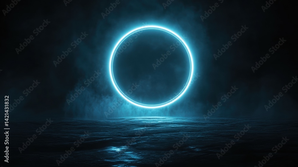 A glowing neon circle in a dark, misty environment reflecting on a wet surface A glowing neon circle in a dark, misty environment reflecting on a wet surface