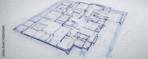 Blueprint effect overlay on architectural floor plan, digital template  Clean blue lines on white background , drawing, clean