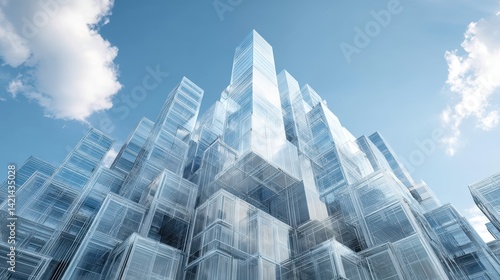 Futuristic Transparent Buildings Reaching Towards Blue Sky with Clouds and Dramatic Perspective
