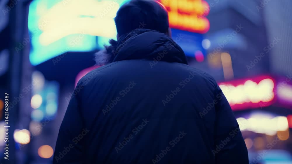 Combined slow tilt and pan unveils a homeless person whose eyes lock with the camera, set against an urban backdrop punctuated by flickering neon signs Combined slow tilt and pan unveils a homeless person whose eyes lock with the camera, set against an urban backdrop punctuated by flickering neon signs