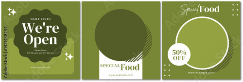 Modern Olive Green Restaurant Social Media Templates with Geometric Accents