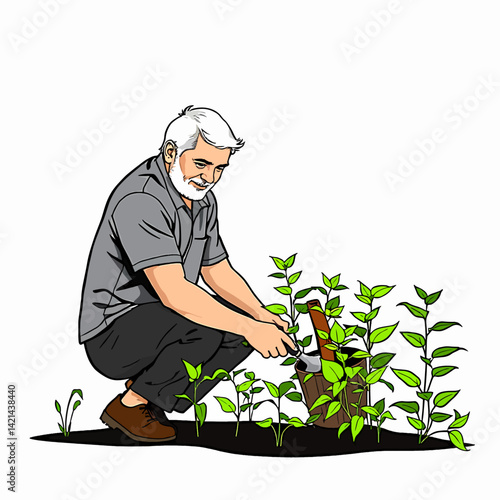  Senior man planting in garden, eco-friendly active lifestyle