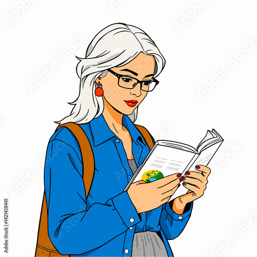 A girl with glasses and blond hair studies a guidebook to choose a tourist route during the holidays