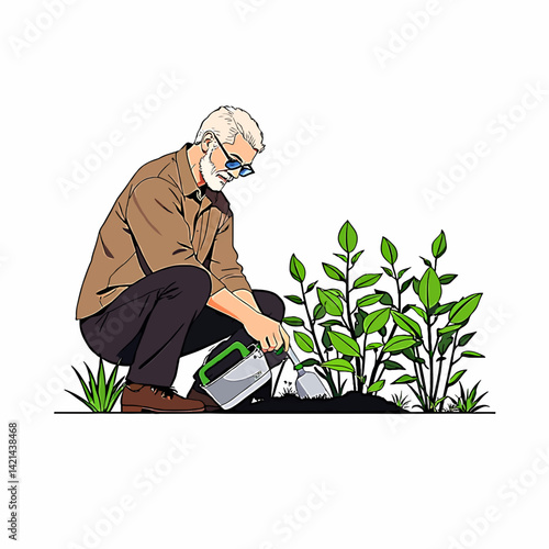 Elderly man gardening with watering can, active retirement hobby