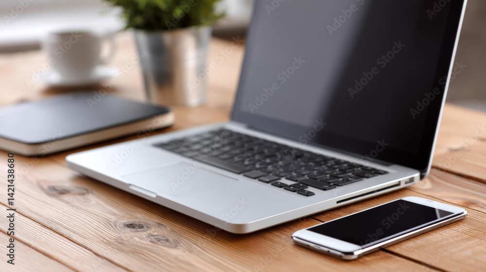 modern laptop and smartphone on wooden desk, creating productive workspace atmosphere modern laptop and smartphone on wooden desk, creating productive workspace atmosphere