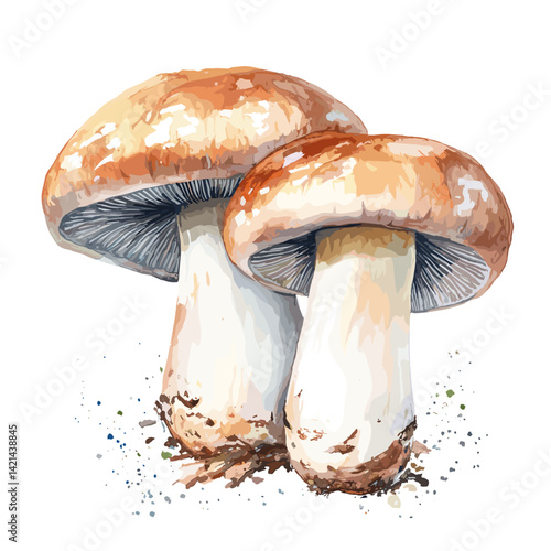 Porcini Mushroom Watercolor Pair on White