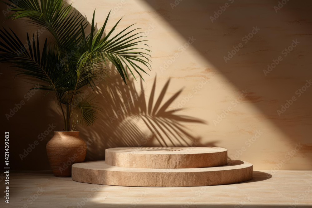 serene interior scene featuring circular stone steps and potted palm, creating tranquil serene interior scene featuring circular stone steps and potted palm, creating tranquil
