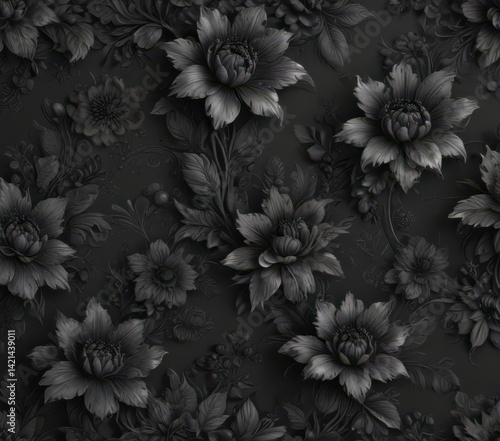 Intricate black charcoal floral wallpaper, elegant texture ,  modern,  vintage
