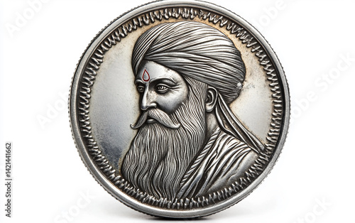 Sacred Silver Coin of Guru Nanak Isolated on white background.