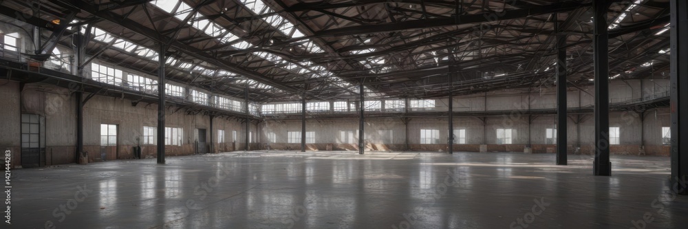 Spacious open plan interior, high ceilings with visible metal framework and ductwork , contemporary, beams Spacious open plan interior, high ceilings with visible metal framework and ductwork , contemporary, beams