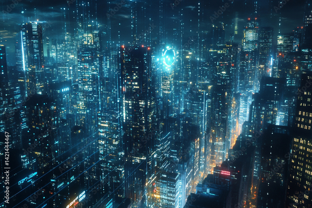 Fototapeta premium Futuristic city skyline at night digital data streams flow between buildings