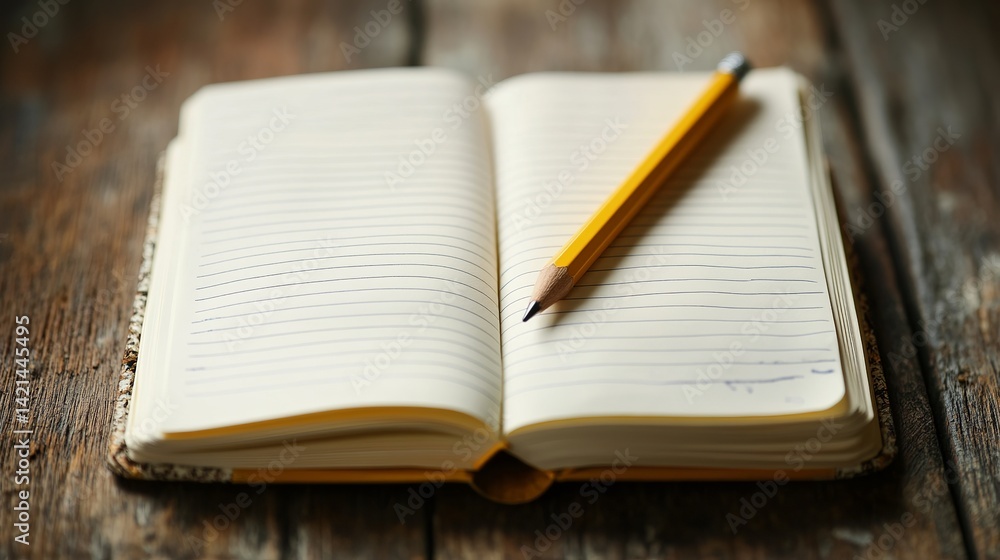 Open notebook with yellow pencil on rustic wooden table art work list paper lines blank study ideas Open notebook with yellow pencil on rustic wooden table art work list paper lines blank study ideas