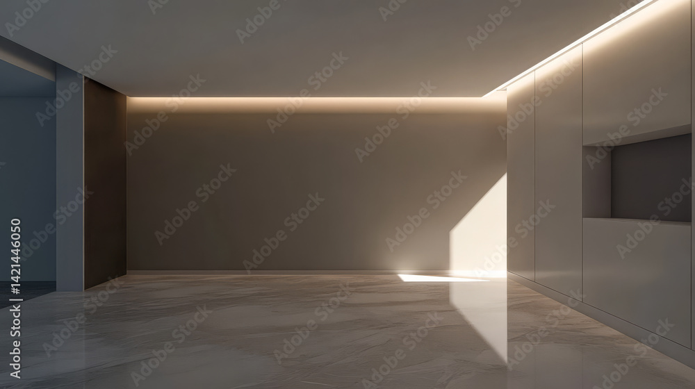 Modern minimalist interior with soft lighting and empty space featuring clean lines Modern minimalist interior with soft lighting and empty space featuring clean lines