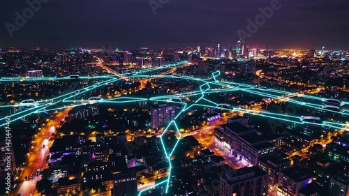 Wallpaper Mural Nighttime Cityscape with Futuristic Network Connections and Bright Lights in Urban Environment Torontodigital.ca